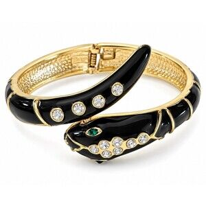 Snake Bracelet Black Enamel Gold Tone Crystal Rhinestone Wrap Bangle